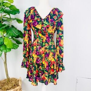 Audrey & Celine Vintage Floral Chiffon Sheer Baby Doll Ruffle Mini Dress